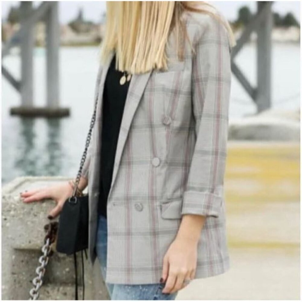 Cabi Blazer Womens 8 Gray Plaid Sleuth Pockets Structured Retro Academia Career